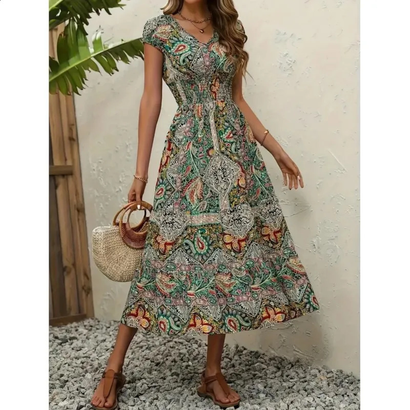Summer Womens Short Sleeved Dress Long Vneck Cinched Waist Style French Temperament Bohemian Vacation Printed 250121