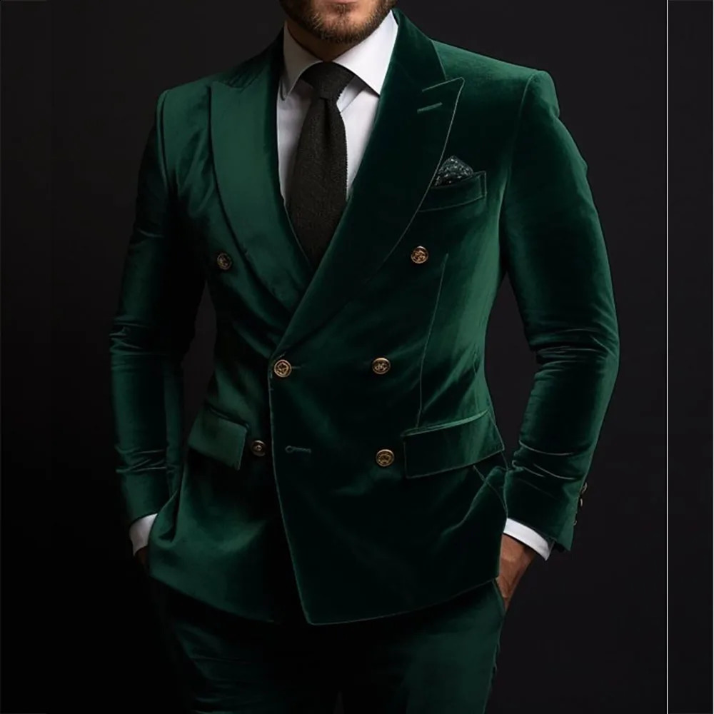 Green Velvet Men Suits Double Breasted Lapel Regular Length Flat Front Blazer High Quality 2 Piece Jacket Pants 2024 250121