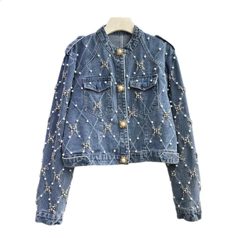 Korean Stand Collar Denim Jacket Women Beading Diamonds Cow Outerwear Spring Autumn Slim Short Big Pocket Jeans Jacket Female 250121