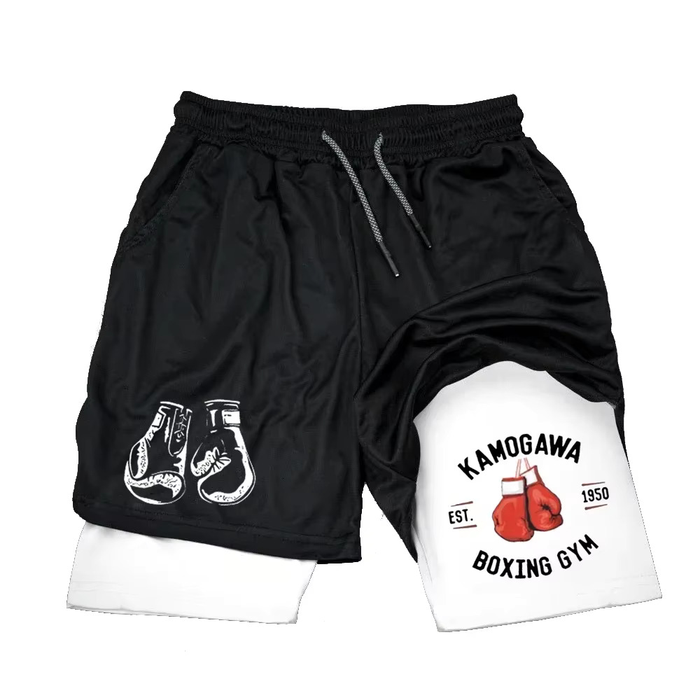 Mens gym compression shorts boxing printed sports pants double layered quick drying basketball beach muscle exercise fitness