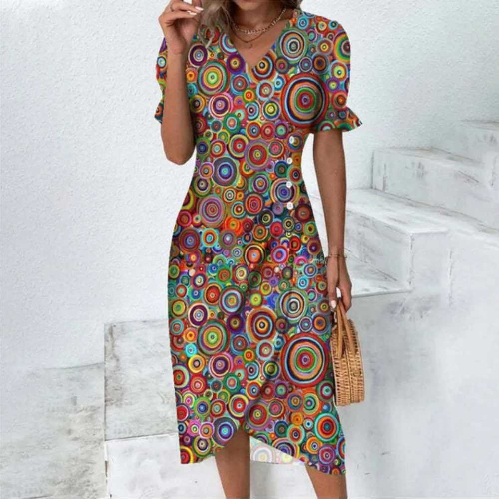 Ele Ladies Midi Dress Geometric Button Split Dress Vestidos Medievales Para jer De Verano Elbiseler Jurken DamesXJ2500207