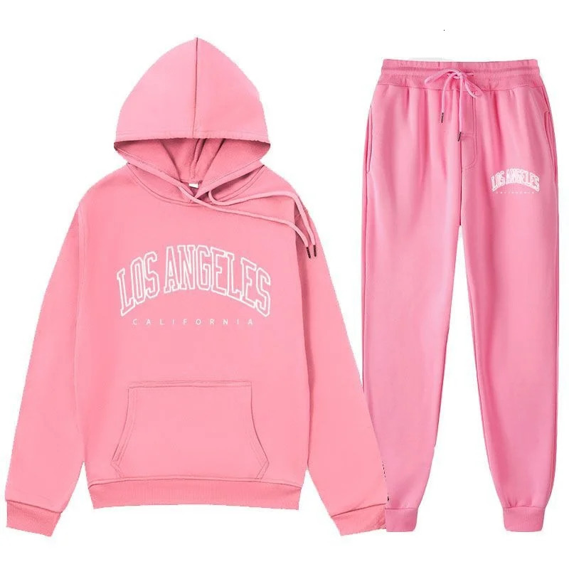 2024 LOS Los Angeles Letter Printed Same Color And Pants Set For Mens AutumnWinter With Velvet Hoodie 250207