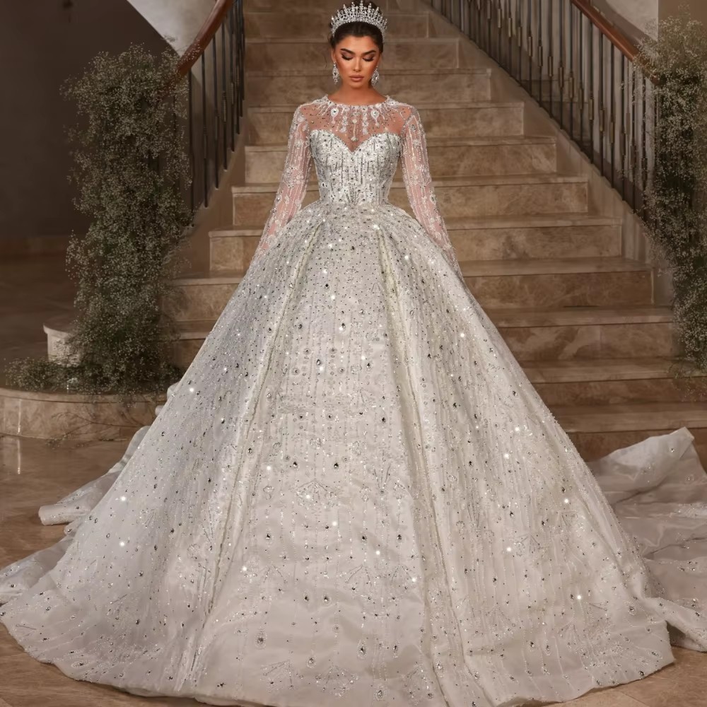 Women Wedding Jewel Neck Long Sleeves Bridal Gowns Sequins Appliques Crystal Sweep Train Dress Custom Made vestidos de novia