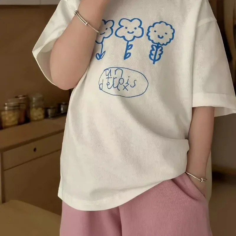 Summer Kids T-shirts cartoon flowers printed short sleeve Girls Tees Little Princess cotton loose Tops 250207