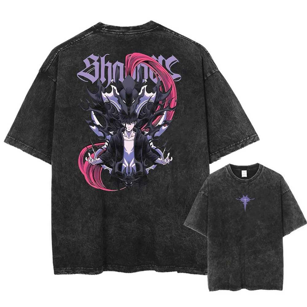 Mens Womens Vintage Washed Cotton T Shirt Streetwear Anime Solo Leveling Graphic Print Tops Harajuku Loose Short Sleeve TeesT250207
