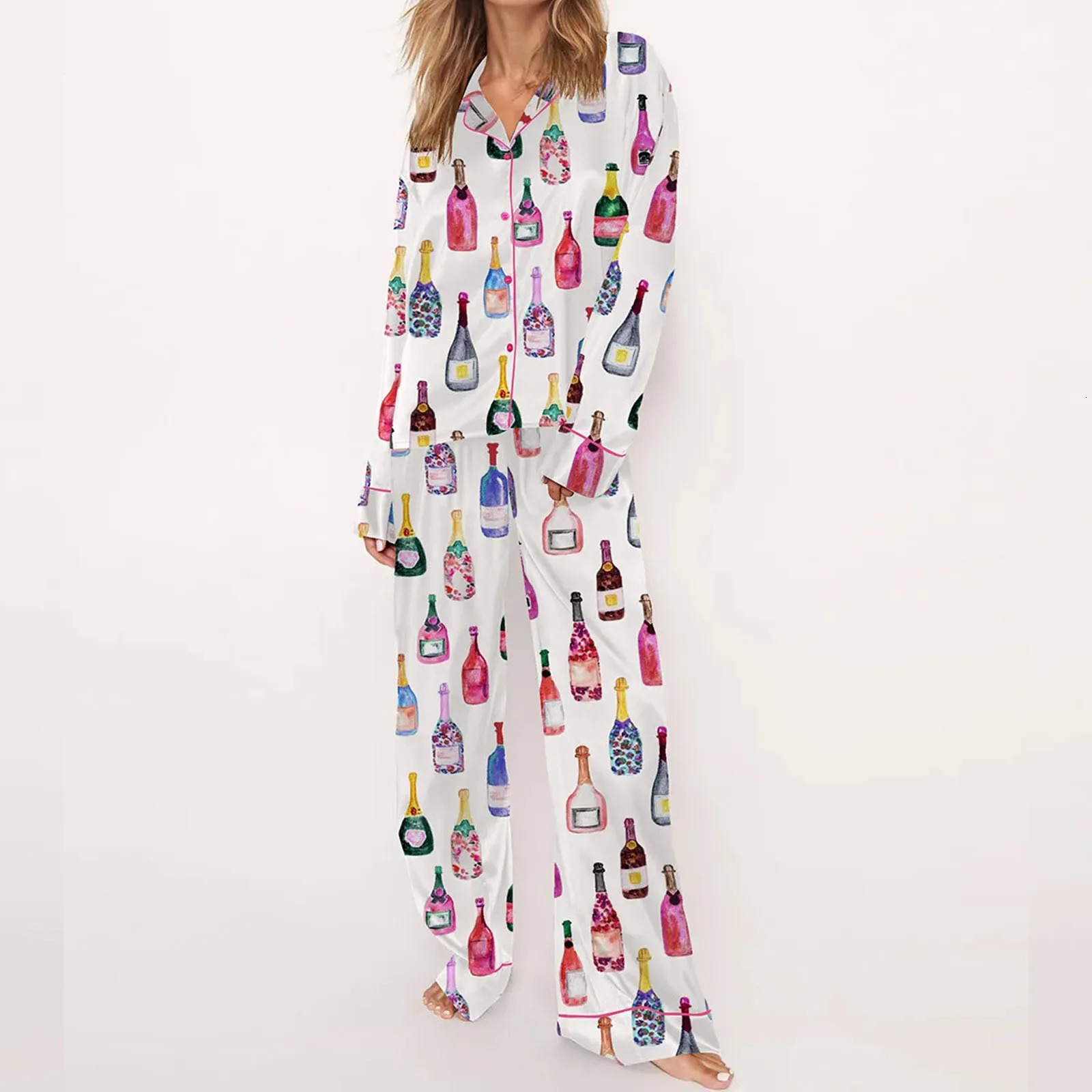 Womens Spring Fall Loungewear Wine Bottle Print Long Sleeve Lapel Button Shirt with Long Pants Loose 2 Pieces Sleepwear Set 250207