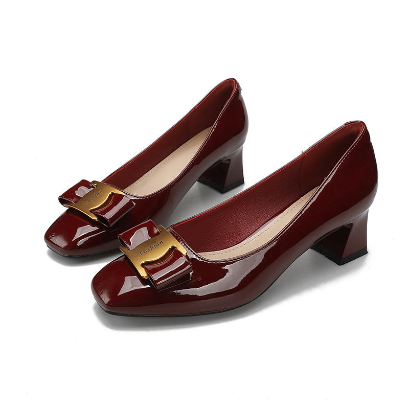 Square head chunky heels 2025 new fashion wine red patent leather with skirt in the single shoes spring and summer all match gentle shoes