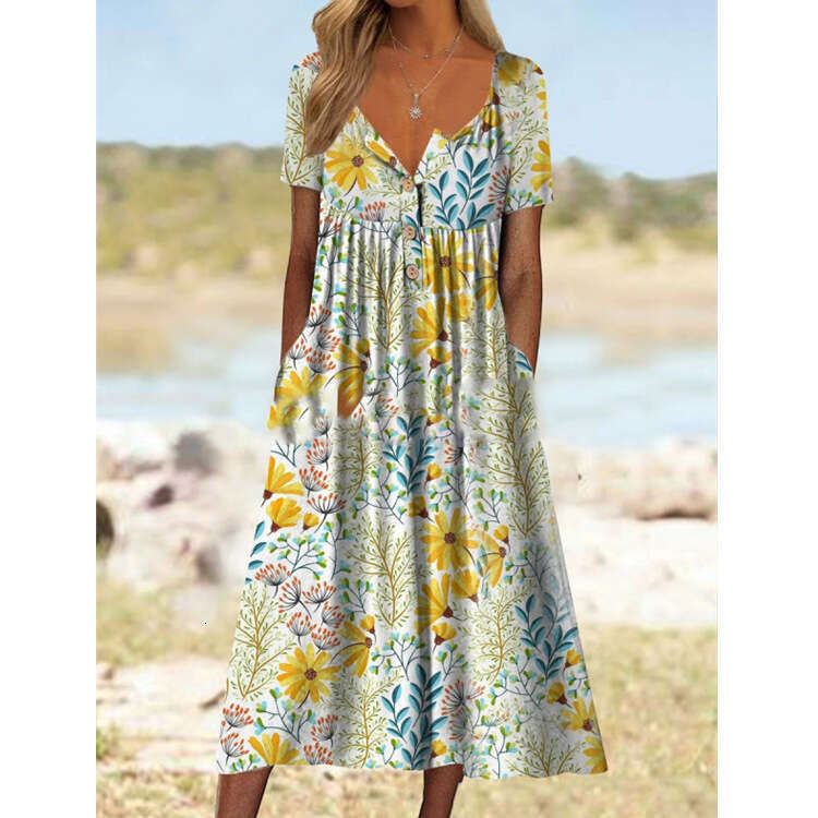 European and American Spring Popular Printed V-neck Button Short Sleeve for Women's Pocket Long Dress 2024 New Casual Fashion Trendy Clothing