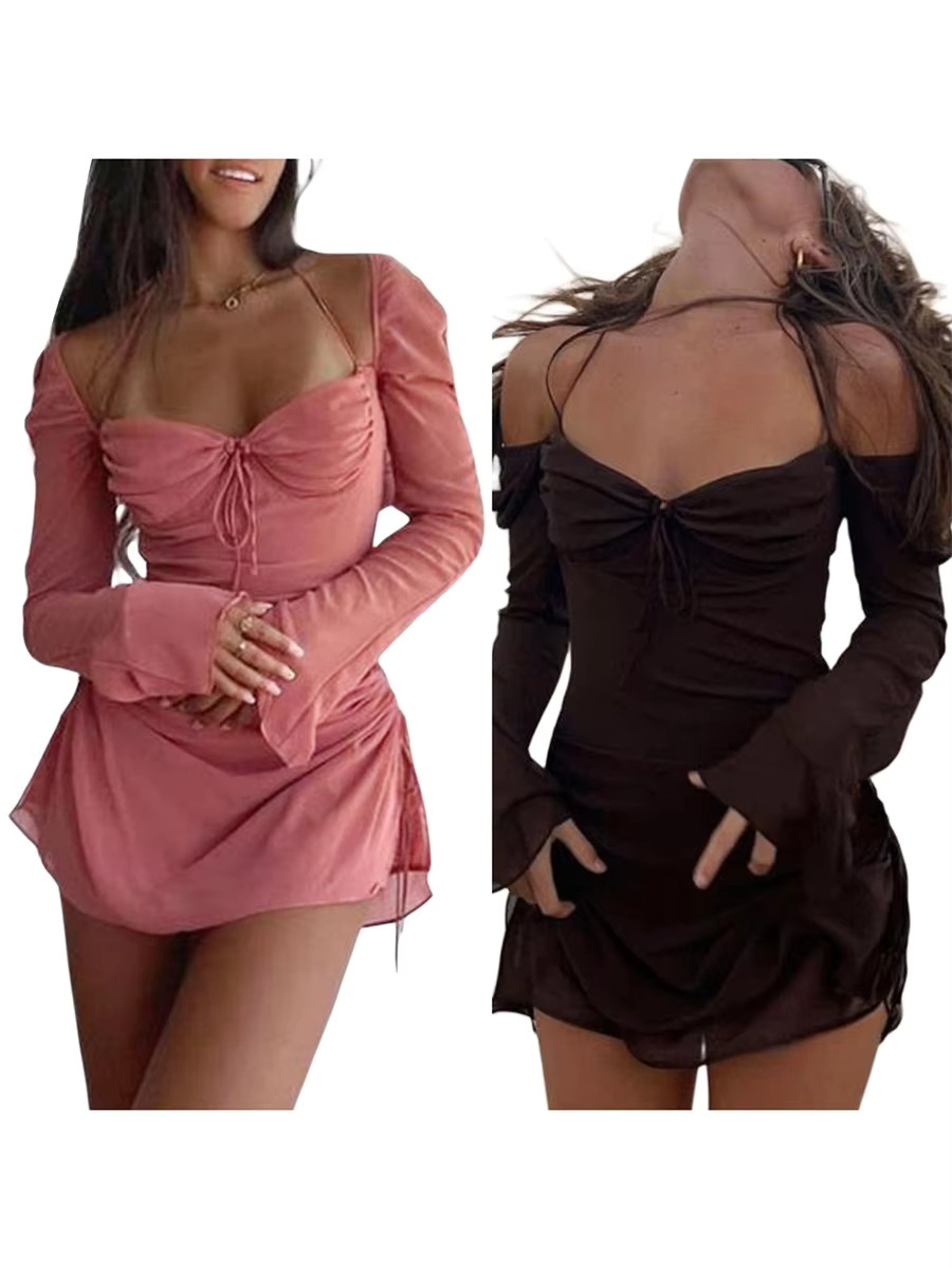 Women Long Sleeve Drawstring Pleated Halter Neck Mini Elegent Solid Pink Brown Short Dress