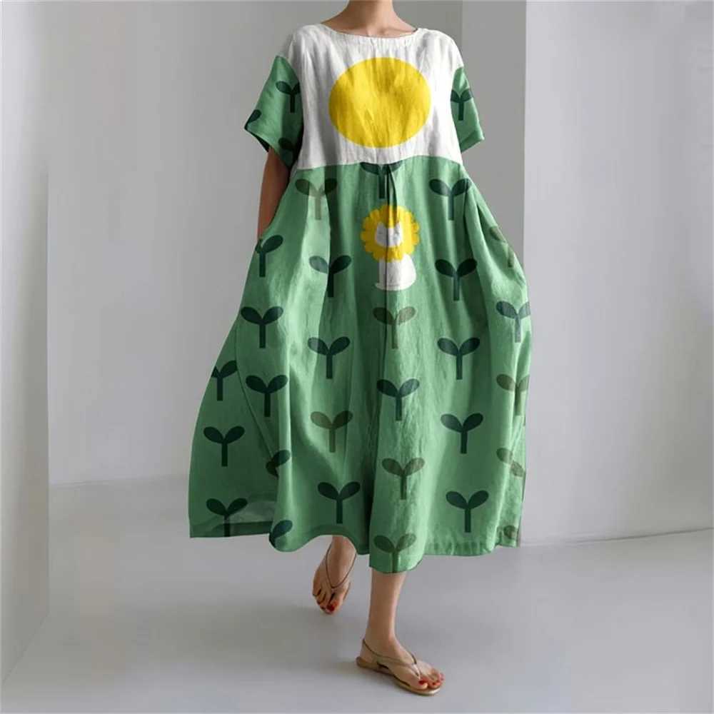 2024 New Fashion Buds Print Short Sve Long Skirt Ladies Large Size Round Neck Pocket Dress Ladies Casual Ele DressXJ2500207