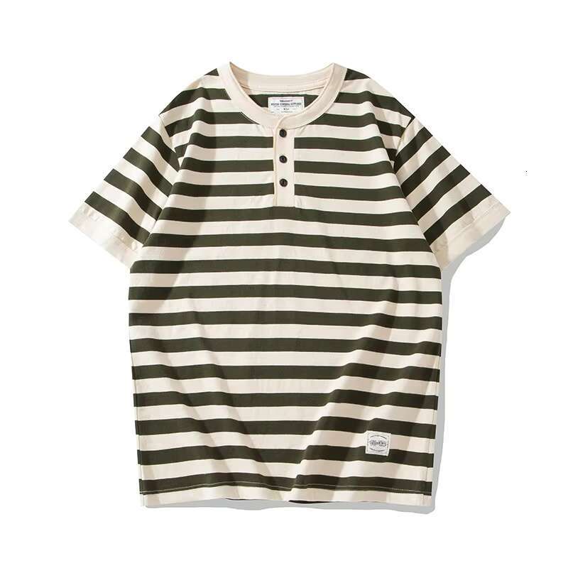 Heavyweight Short Sleeve Striped Neck T-Shirt Deck Sea Soul Henry Shirt, Outdoor Fiess Sports Tops, 240G