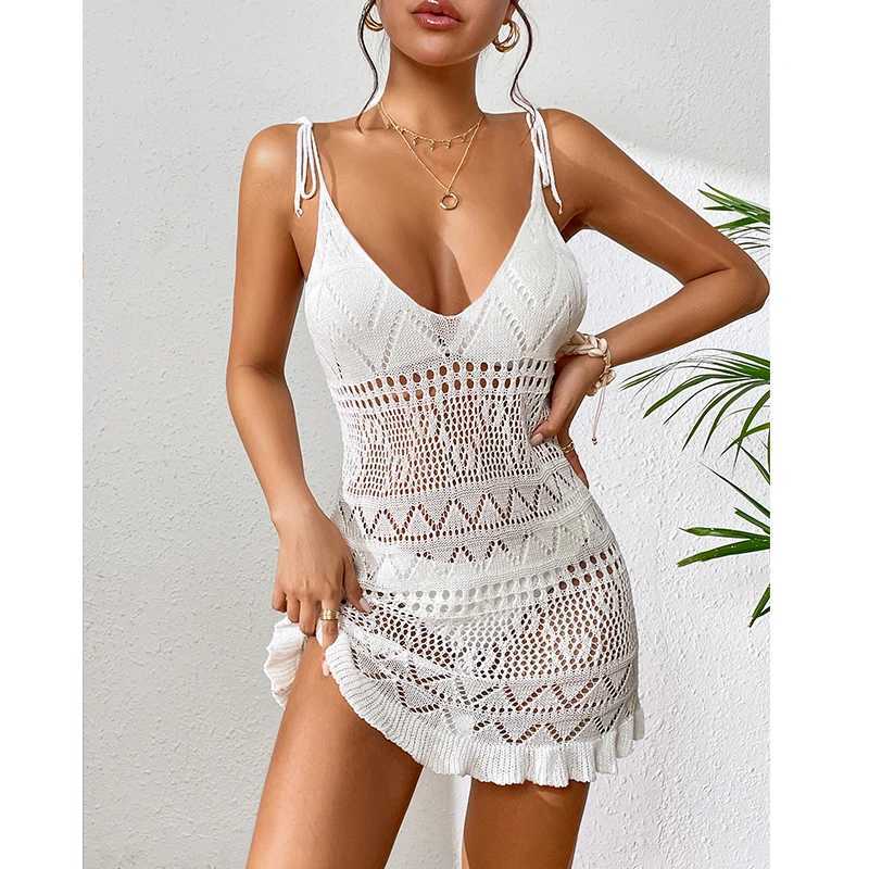 Halter Sveless Solid Color Dress Women Summer Vacation Knitted Bikini Cover Up Backless Stylish Beach DressesXJ2500207