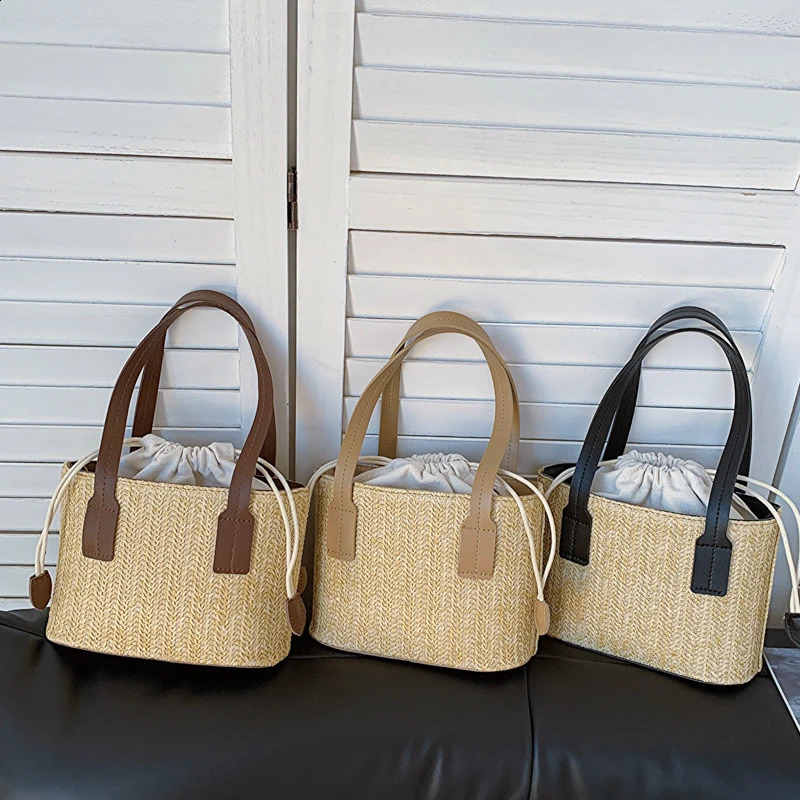 Womens Leisure Grass Woven Handbag Drawstring Bucket Shoulder Crossbody Bag FemaleTravel Bohemian Vacation Beach Bag 250207