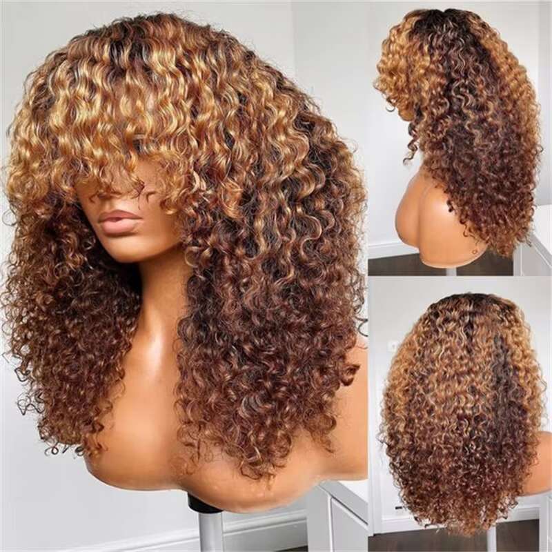 Glueless 26Inch Soft Long Ombre Blond 180Density Kinky Curly Hine For Women With Bangs Baby Hair Preplucked Daily Wig