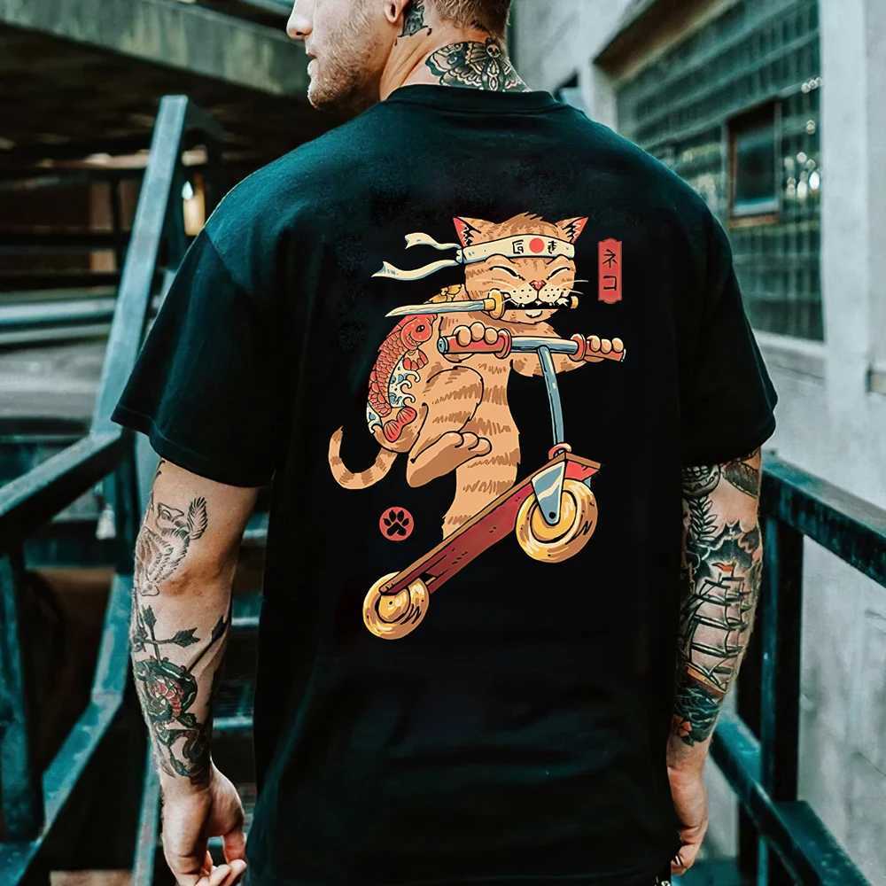 Cartoon Anime Samurai Cat Printed T Shirt For Men Outdoor Hip Hop Harajuku Vintage Clothes Casual O-neck Loose Short Sleeve TeesT250207