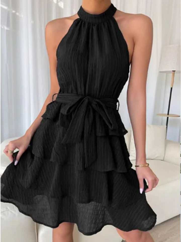 Stylish Sveless Off Shoulder lti-Layered Ruffle Edge Dress Womens Solid Color Mini Dress Party A Line DressesXJ2500207