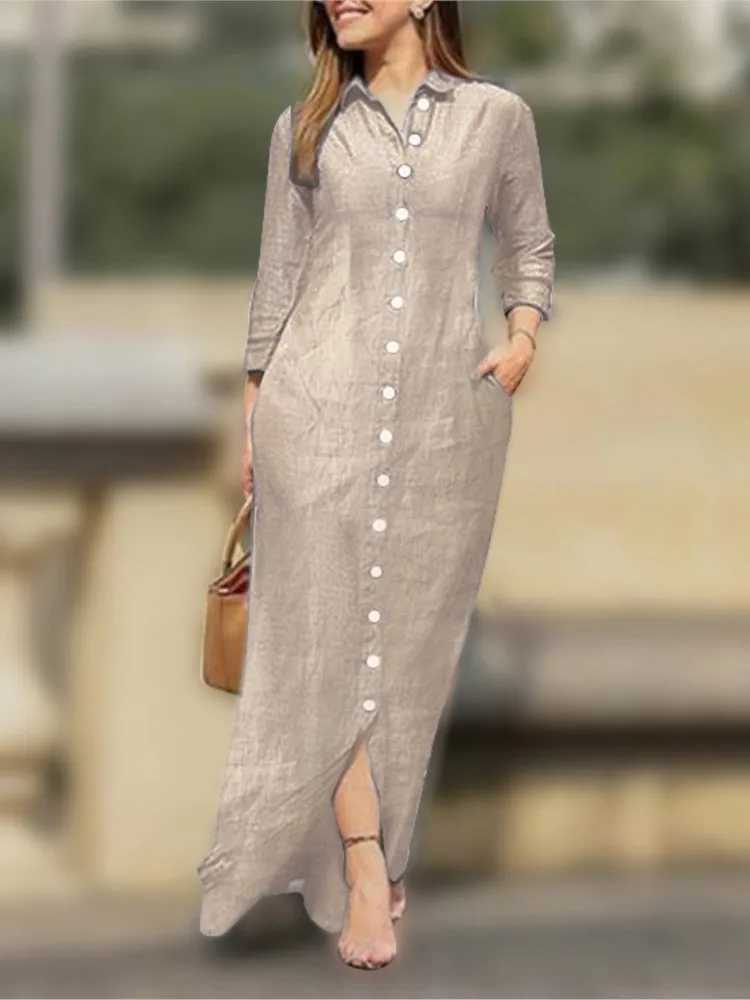 2025 New Dress Spring Summer Womens Plus Size Ele Neutral Style Cotton Linen Long Dress Long Sved Lapel Solid ColorXJ2500207