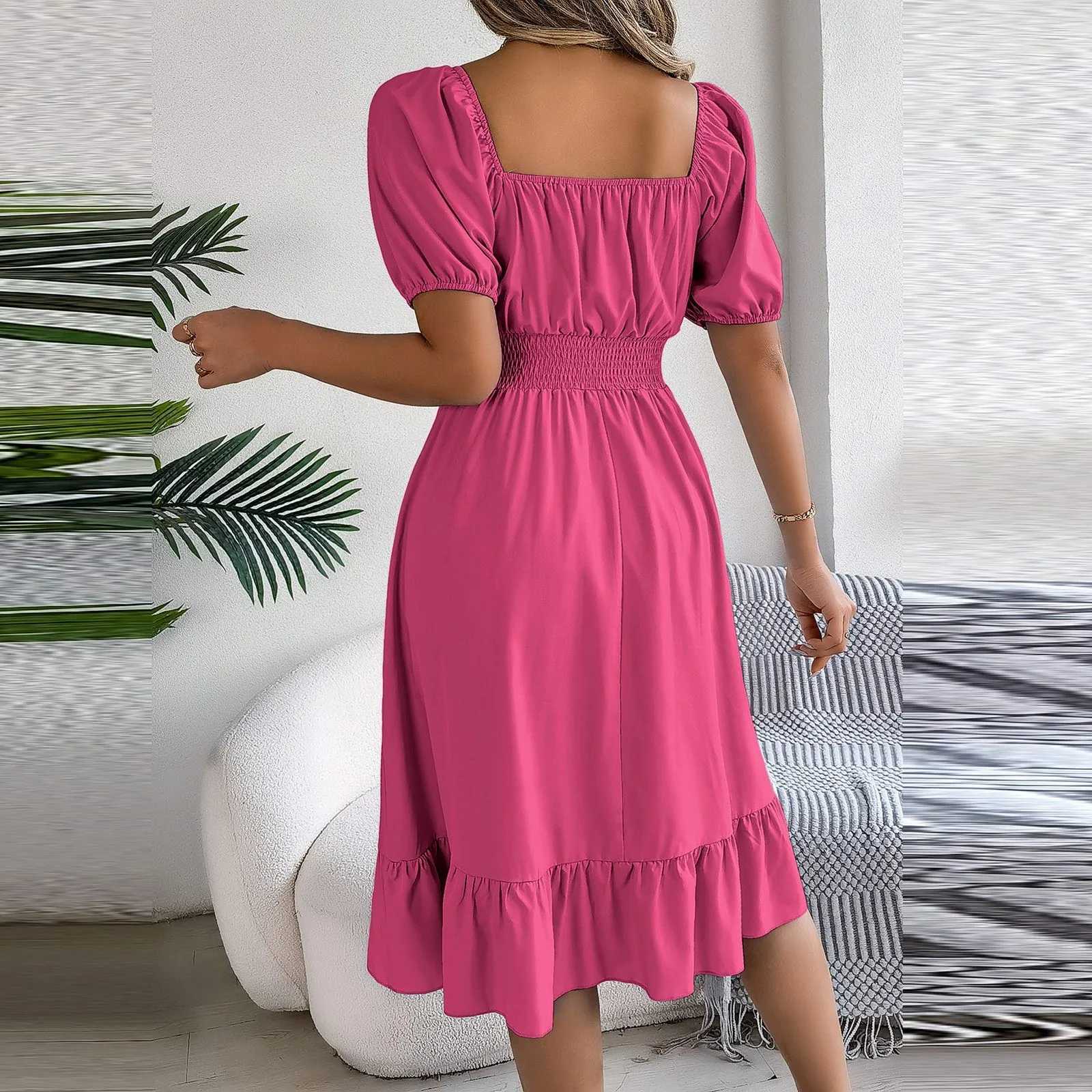 Ele Women Spring Summer Dress Square Neck Puff Sve A Line Vestidos Square Neck Tie Waist Ruched Casual Solid Long DressXJ2500207