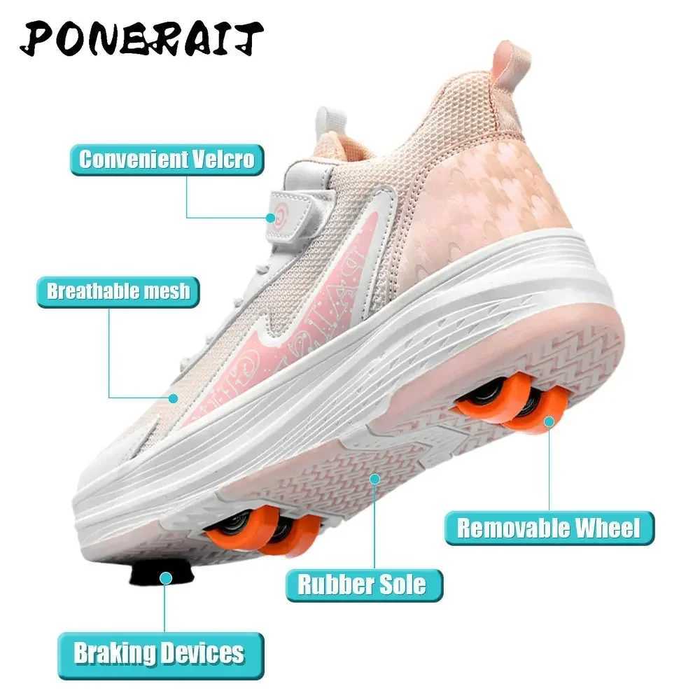 Neutral button extension 4-wheel skateboard shoes with new wheels sports shoes for boys and girls skateboarding shoelaces wheels W250207