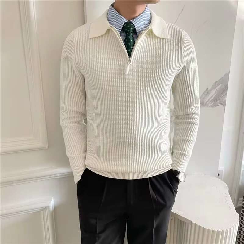 Men's Clothing Knit Pullover Zipper Polo Neck Sweater Leisure Streetwear Popular Retro Solid Color Long Sleeve Knitwear