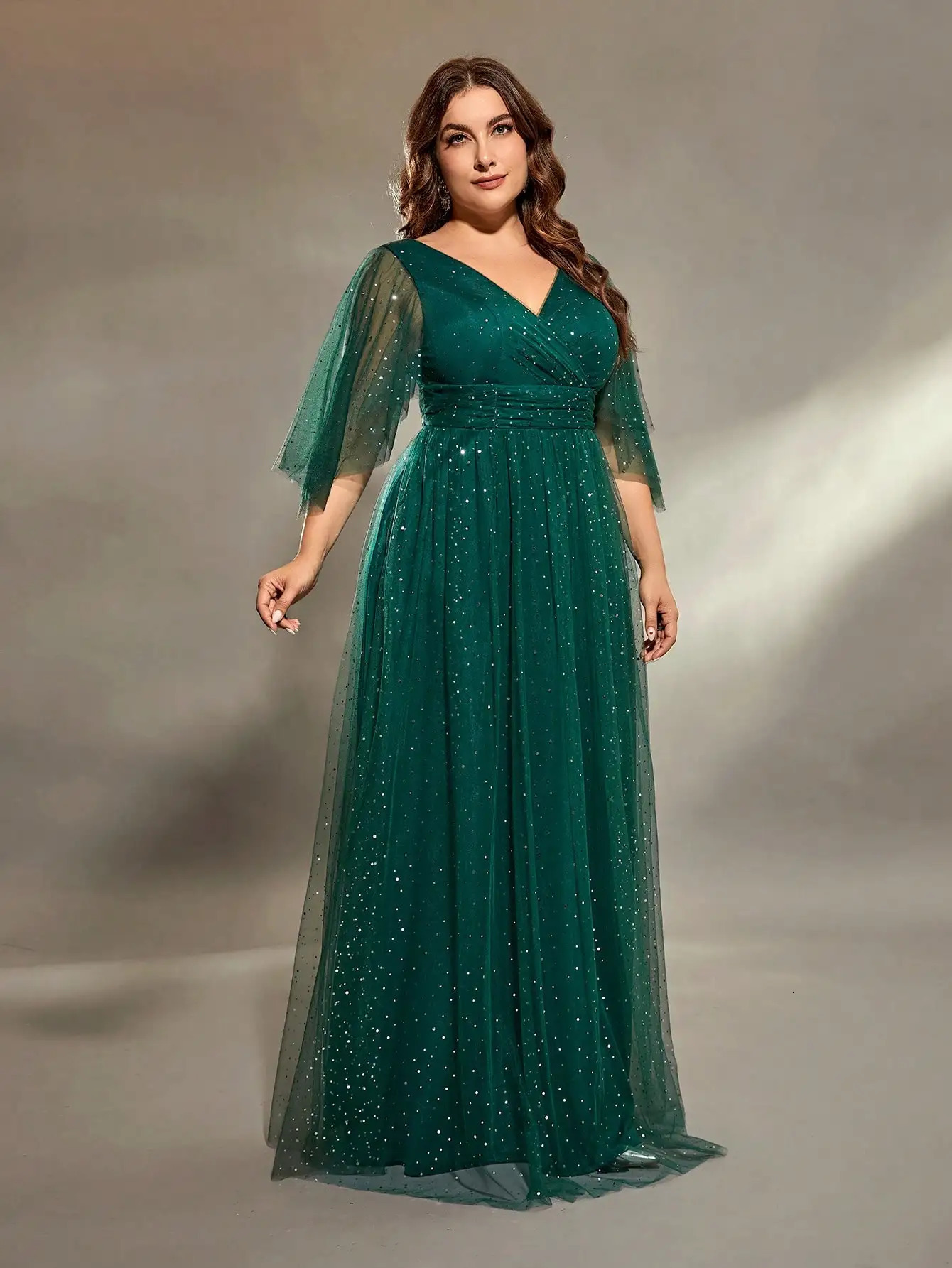 Mgiacy plus size V-neck cross chest pleats irregular long sleeve fillet netting A full skirt Evening gown Ball dress Party dress 250207
