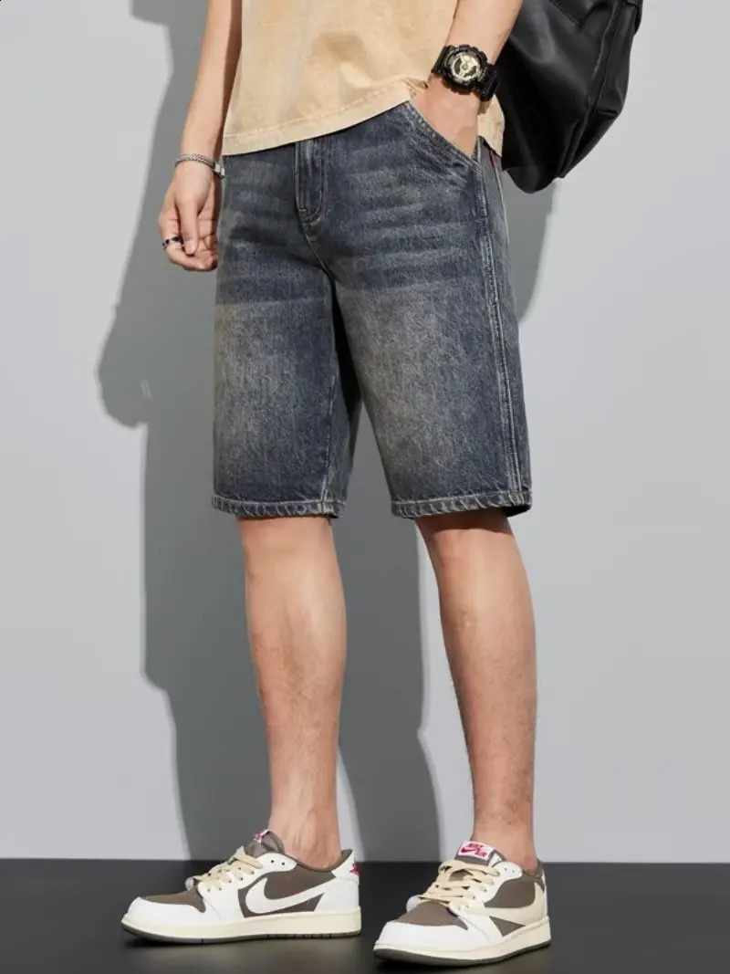 Summer denim shorts mens thin pants casual shorts loose straight mens washed jeans. 250206