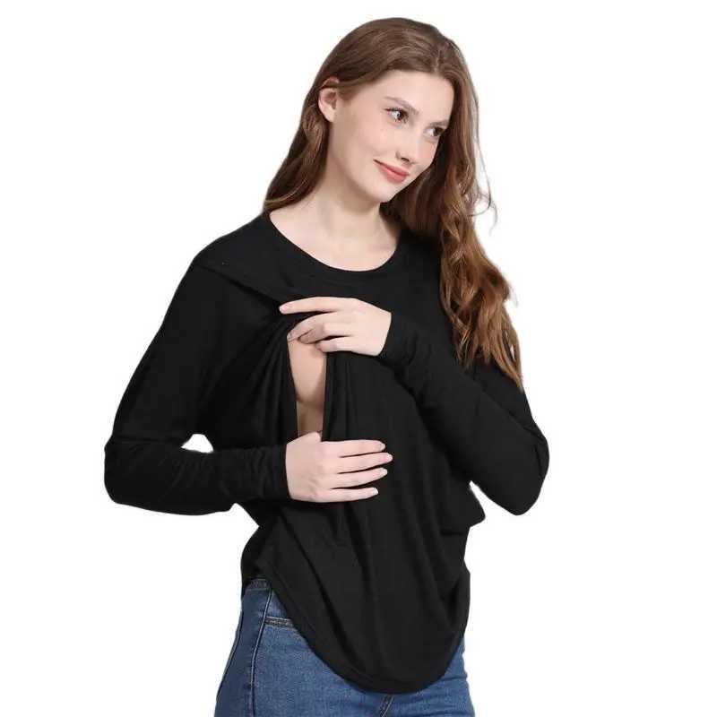 New Maternity Clothes Womens Longsleeve Crew Neck Solid Color Nursed Tops Casual T Shirt For Breastfeeding W250207