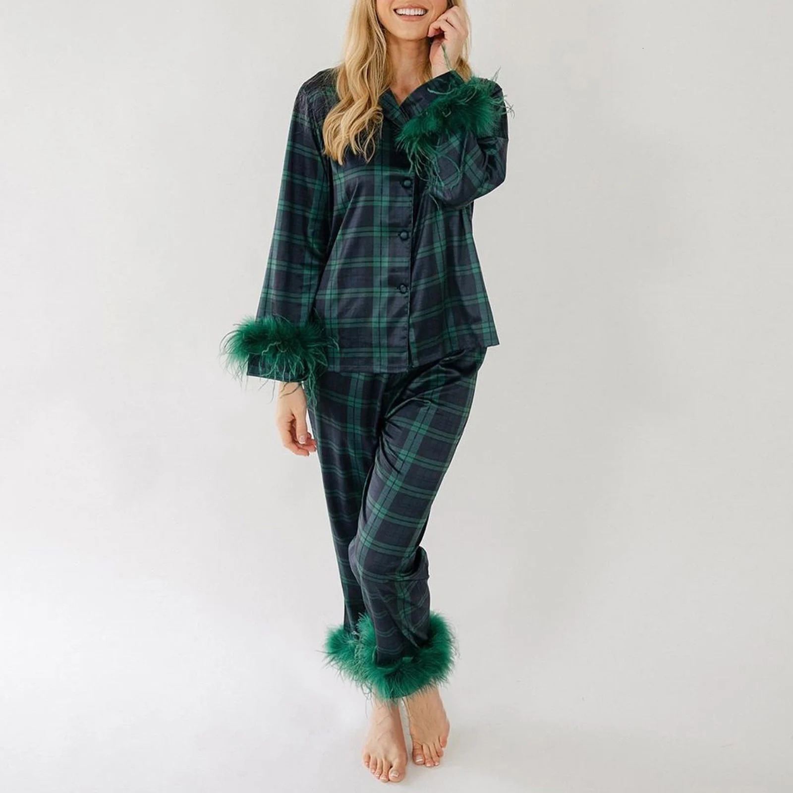Womens 2 Piece Pajama Set Long Sleeve Lapel Button Up Shirt Tops Solid ColorPlaid Pants Christmas Sleepwear Sets 250207