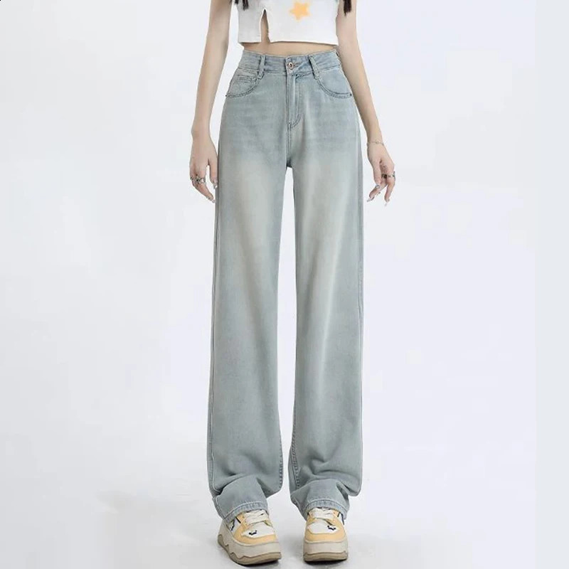Woman Fashion Loosefit Wide Leg Casual Jeans Girls Basic High Waist Straight Pants Female Simple Light Blue Denim Trousers 250206