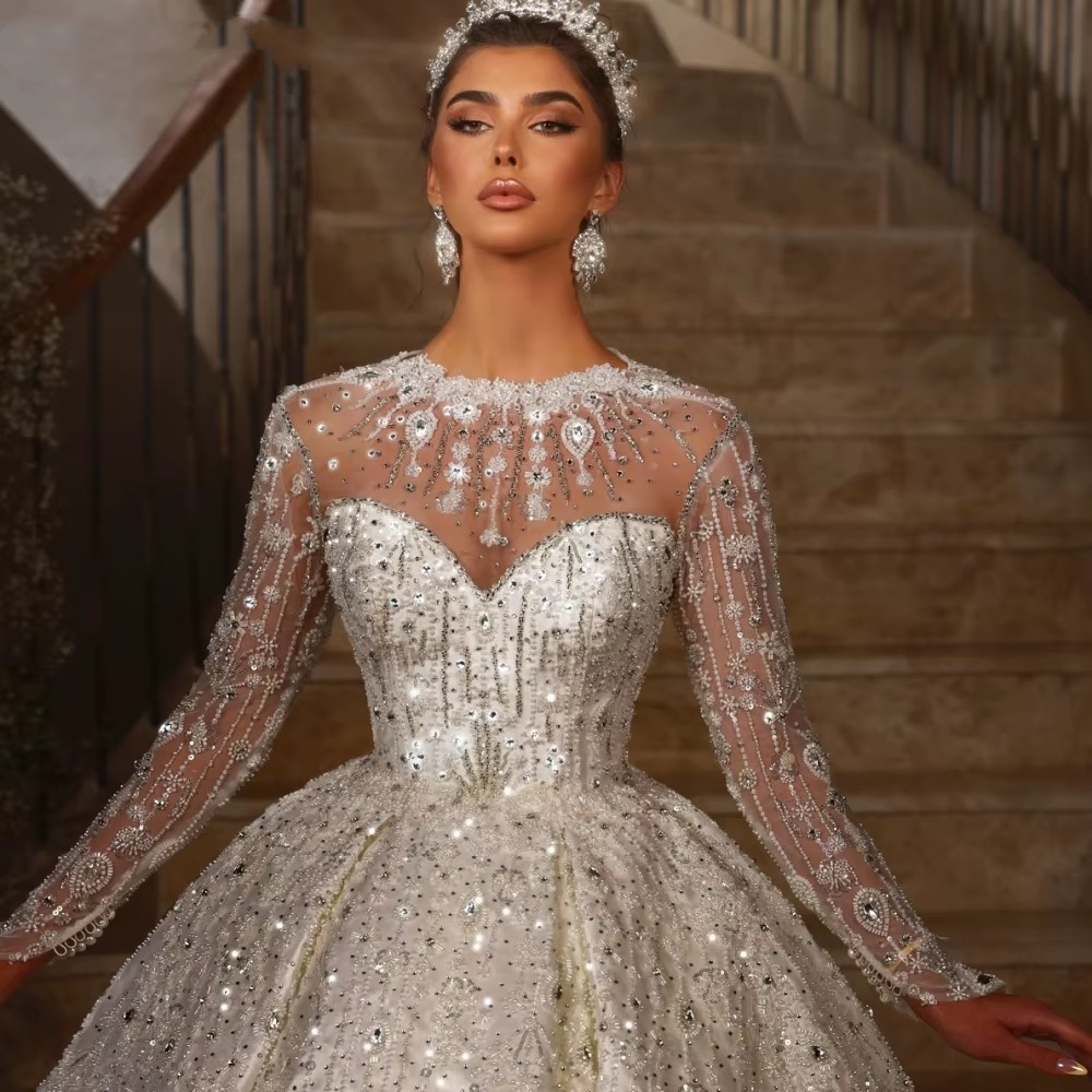 Women Wedding Jewel Neck Long Sleeves Bridal Gowns Sequins Appliques Crystal Sweep Train Dress Custom Made vestidos de novia