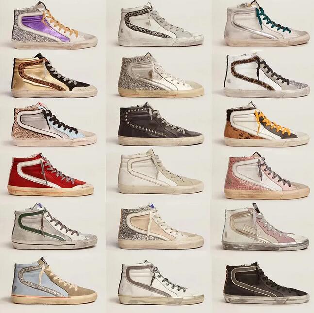 10A New Release Mid Slide Star HighTop Golden Sneakers from Italvs Best Brands Fashionable PinkGold Glitter with Classic White DoOld Dirty Designer