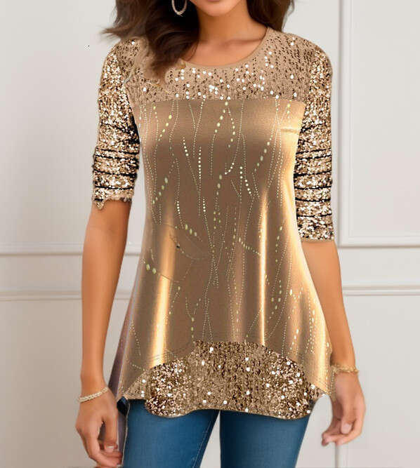 New European American popular women's tops for autumn winter, fashionable printed round neck T-shirt, 2024 new style, chic and elegant clothing