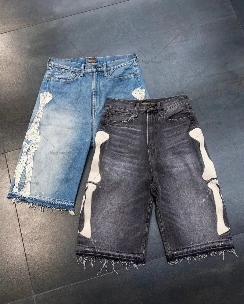Fashion Y2K Street Clothing Bone Embroidered Women Denim Shorts Loose and Casual Harajuku Men and Women Straight Tube Pants 250206