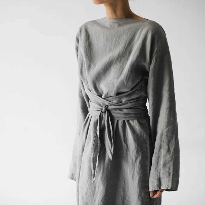 Fall Long Sve Loose Cotton Linen Dress Women 2024 Fashion Casual Solid New Lace-up Bow Maxi Dresses Ele VestidosXJ2500207