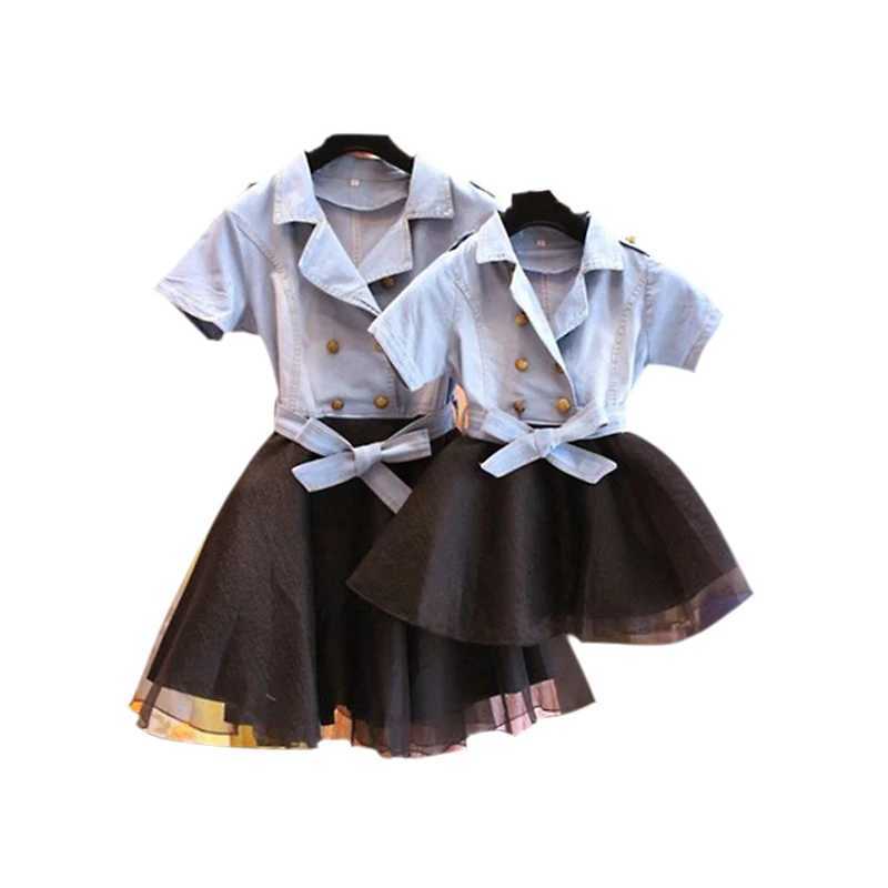 Mother Daughter Dresses Summer Short Sleeved Family Matching Clothes Mom Daughter Dress Family denim Clothing 3-7T Kids clothes W250207
