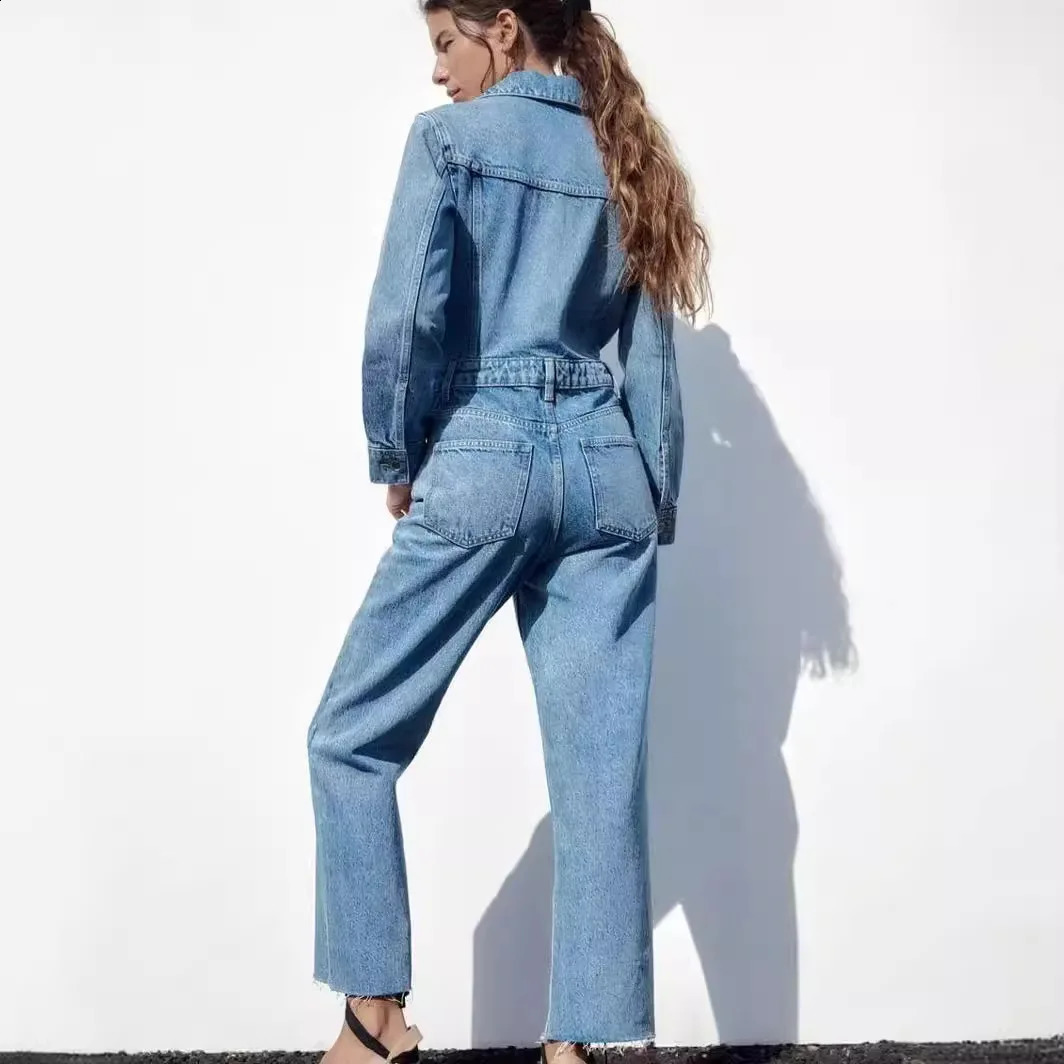 Denim One Piece Women Jumpsuits Turn Down Collar Full Sleeve Slim Fit Tight Waist Wide Leg Long Pants Overalls Casual Rompers 250206