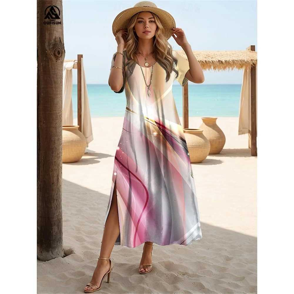 Summer Stres Print Clothing Ele Womens Slit Dress V-Neck Short Sves Long Dresses Loose Pullover Hot Selling StreetwearXJ2500207