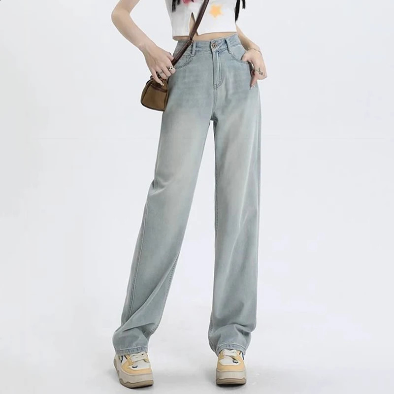Woman Fashion Loosefit Wide Leg Casual Jeans Girls Basic High Waist Straight Pants Female Simple Light Blue Denim Trousers 250206