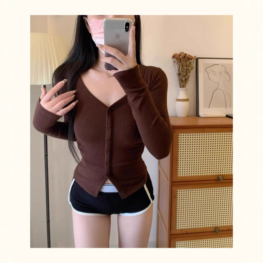 B1227 Hot Girl Sexy Slim Fit European and American Style V-Neck Button Long Sleeve Cardigan T-Shirt Top