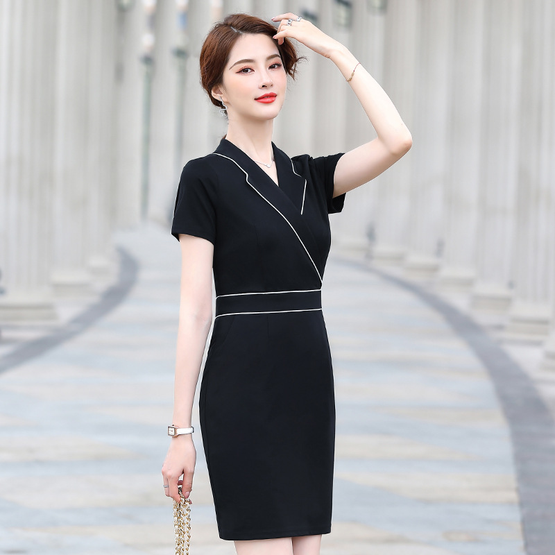 LO3185 Short skirt black V-neck dress female temperament commuting hip waist bottoming skirt jewelry store work clothes