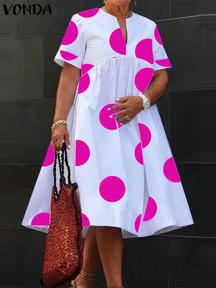VONDA Plus Size 5XL Women Polka Dot Dress 2024 Summer V Neck Party Sundress Bohemian Maxi Long Dress Vestido Beach Robe Elegant 250207