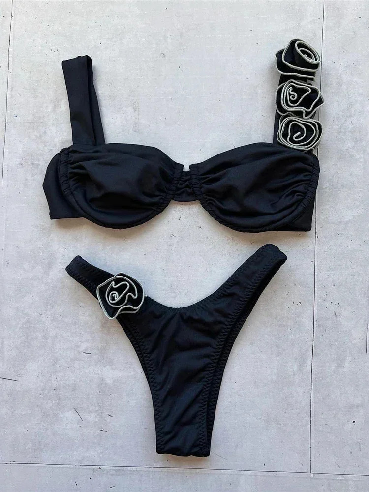 Sexy 3D Flower Shiny Pink Push Up Bikini 2025 Women Swimwear Underwired Swimsuit High Cut Bathing Suit Wrinkled Bikinis Sets 250113