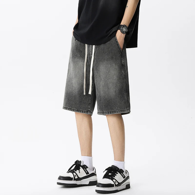 Casual Denim Shorts Men Elastic Waist Straight Comfortable Light Blue Soft Short Pants Baggy Wide Bermuda Male Jeans 250207