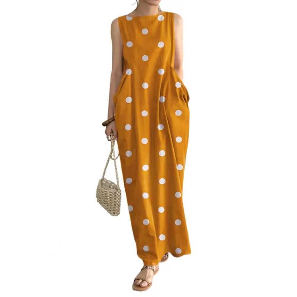 Loose Maxi Dress Summer Maxi Dress with Dot Print O Neck Big Pockets for Women Soft Ankle Length BeachXJ2500207