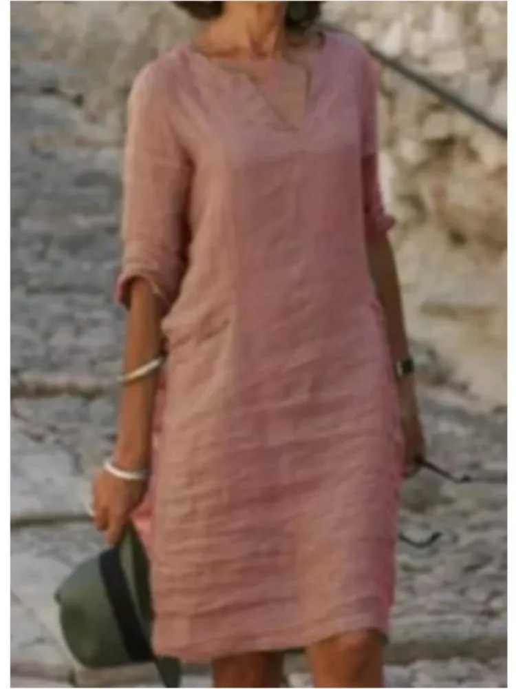 2024 Cotton Dress Womens V-Neck Half Sve Solid Loose Dresses Fe Summer Fashion Office Casual Ladies Clothes WholesaleXJ2500207