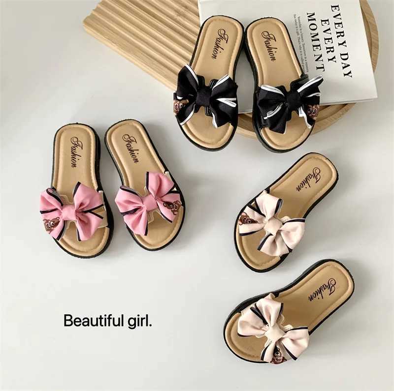 Summer Bear Bow Girls Slippers Indoor Outdoor Home Childrens Slippers Soft Bottom Comfortable Cute Kids Flip-flops Beach ShoesXJ250207