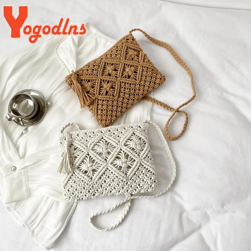 Summer Hollow Straw Bag For Women Tassel Decors Shoulder Messenger Bag Travel Beach Bag Daily Cotton Rope Crossbody Bag 250120