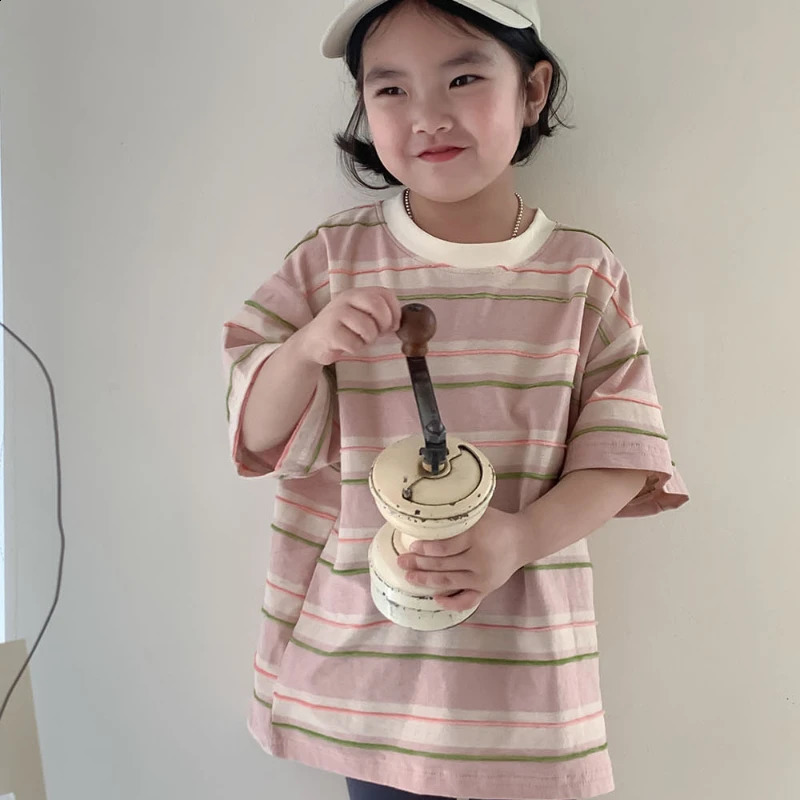 Children Clothing Girls T Shirt Korean Style Loose Short Sleeve Summer Fashionable Oversize Stripe T Shirt Top 250207