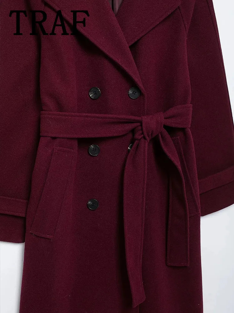 TRAF 2024 Woman Burgundy Winter Coat Womens Jacket Autumn Long Sleeve Belt Outerwear Chic Fashion Woolen 250109