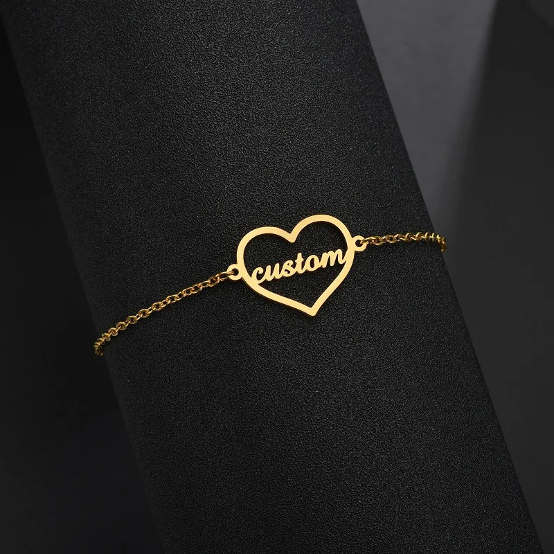 Customized Heart Circle Name Bracelet Personalized Stainless Steel Custom Nameplate Bangle Jewelry Birthday Gift 250206
